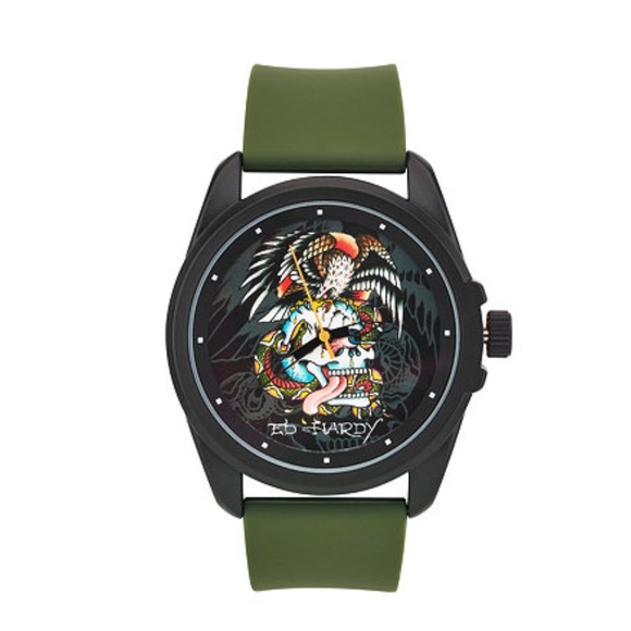 NEW Mens Army Green Silicone Band Ed Hardy Watch - Picture 2 of 7